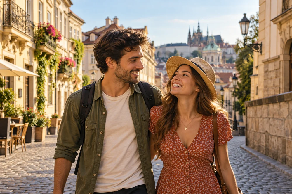 Casal aproveitando uma viagem em uma cidade europeia