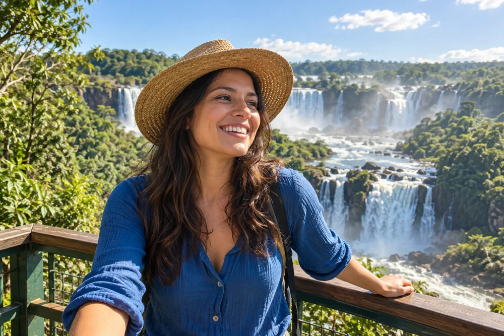Viajante aproveitando uma paisagem com cachoeira